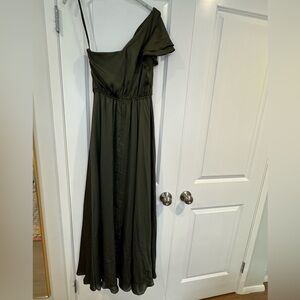 Dessy Collection One Shoulder Floor Length with Slit Olive Green Dress